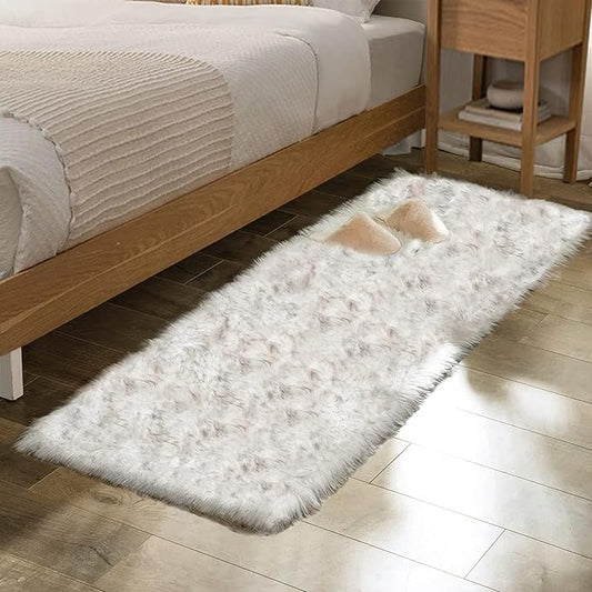 Grey and White Plush Shag Washable Rugs for Bedroom Faux Sheepskin Fur Furry Carpet for Living Room 2x6 Nursery Rug Runner