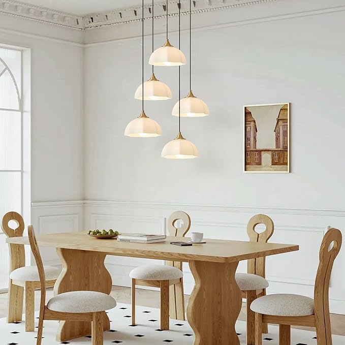 Modern 5 Light Brushed Gold Pendant Lighting Mid Century Milk Glass Cluster Pendant Lights Kitchen Island Adjustable Brass Hanging Chandelier Vintage White Ceramic Light Fixture MPL17-5R GD