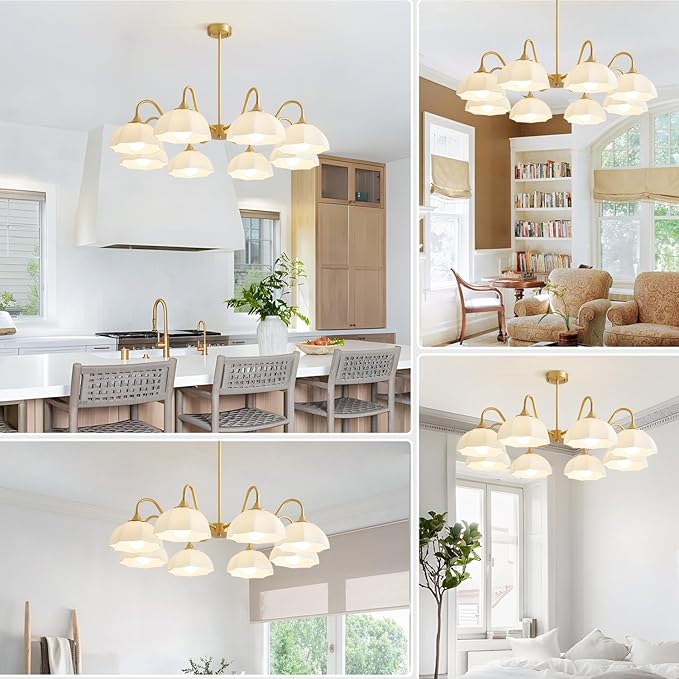 8 Lights Gold Sputnik Chandelier Light Fixture Large Mid Century Large Milk Glass Sputnik Pendant Lights Kitchen Island Modern Farmhouse Semi Flush Mount Chandelier Hanging Lamp MPL13-8 GD