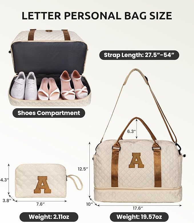 Vogewood Birthday Gifts for Women-Initial Duffle Bag with Shoe Compartment, Personalized Weekender, Monogram Overnight, Letter Travel Bag with Makeup, Friend Wife Birthday Gift (Letter C)