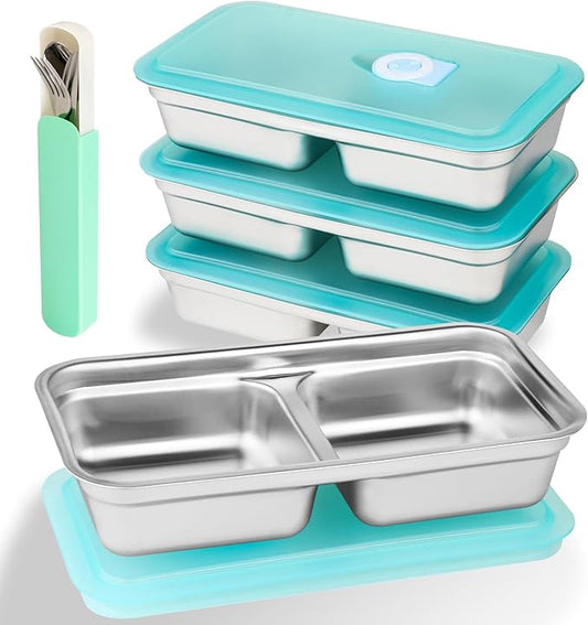 4PC Stainless Steel Snack Boxes, Double Compartment Leakproof Container with Lids for Travel, Camping. Includes Free Fork & Spoon Set.