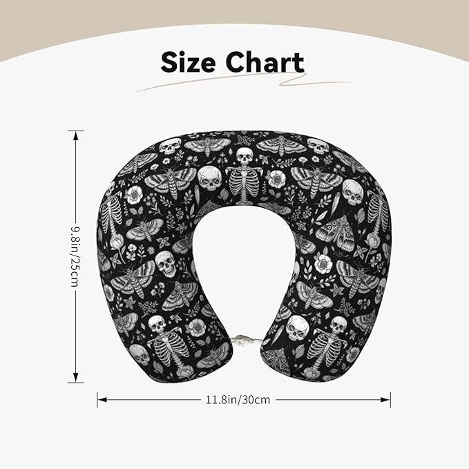 Breathable Neck Pillow for Sleeping Rest Nap Goth Skull Head Board Witch Black Art, Airplanes/Car/Home Memory Foam Travel Cushion with Polyester Cover Washable for Women Men