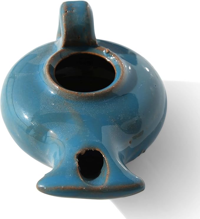 Herodian Blue Glazed Oil Lamp with Handle – Authentic Biblical Clay Candle Holder Replica from The Holy Land - Handmade Judaica & Christian Faith Gift with Certificate of Authenticity