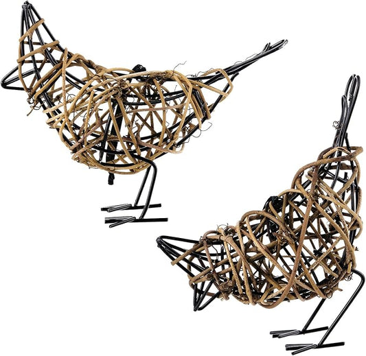 Natural Rattan Bird Sculptures Set of 2 - Christmas Ornament - Handwoven Metal Wire Figurine Table Decor, Rustic Farmhouse Accent with Memo Clip & (6x5.5x2.3in)
