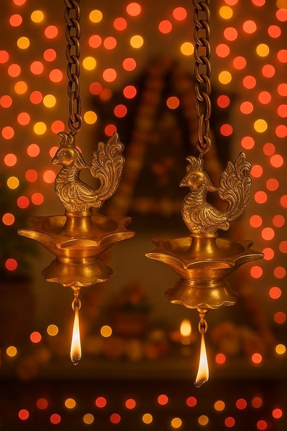 athizay Brass Diyas for Pooja Virgin Brass Indian Diya Set | Oil lamp Sets for Gifting | Home Decor to be Used with Cotton Wick or moli (Art Deco Peacock Diya)