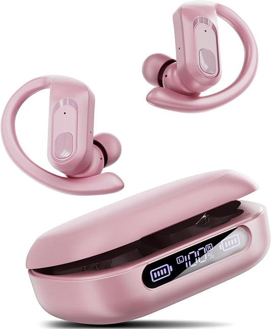 occiam Active Noise Cancelling Wireless Earbuds Bluetooth Headphones Ear Buds 96Hrs Playback Clear Call Waterproof Earphones with Ear Hook Microphones for Sport Running (Pink Standard)