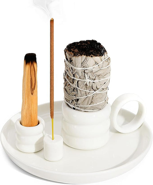 4 in 1 Incense Holder, Palo Santo Holder for Burning Sage, Sticks & Candle, Ceramic Incense Burner with Handle, 5.9 Inch Ash Catcher Tray, Zen Decor for Meditation & Gift, White