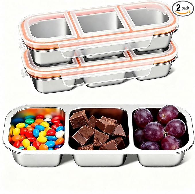 Dobyusf 2 Pack Stainless Steel Snack Containers - 3 Compartment Leak Proof Bento Box with 7oz Capacity, BPA-Free Reusable Food/Sauce Containers Containers for Office, Travel, On-the-Go Meals