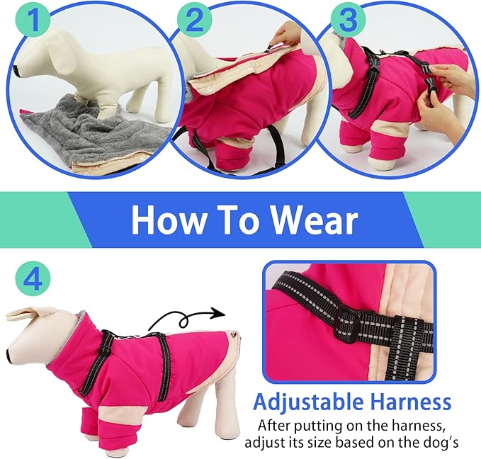 MIGOHI Warm Dog Coat Waterproof Small Dog Jacket with Harness,Reflective Fleece Snowsuit for Dogs,Windproof Puppy Coats with Legs for Cold Weather,Adjustable Pet Clothes for Puppies,Xs,Rosered