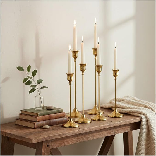 Candle Holder, Modern Minimalist Brass Gold Metal Candlestick Holders, Set of 3 Tall - Elegant Taper Candle Holders for Table Centerpiece, Wedding, Dinner Party Home Decor (2 Set 6 pcs)