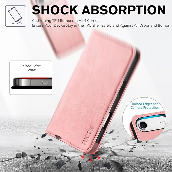 TUCCH Case Wallet for iPhone Air (6.5") 2025, RFID Blocking 3 Card Holders | Kickstand | PU Leather | Protective Flip Folio Cover | TPU Shockproof Interior Shell | Pink