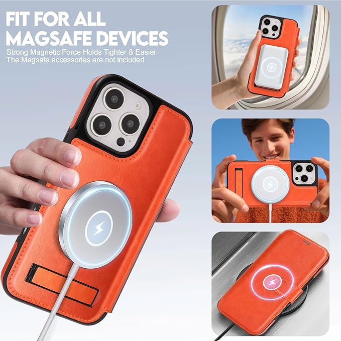 CIVICASE for iPhone 16 Pro Max Wallet Case with Stand,PU Leather Flip Credit Card Holder Slots (RFID Blocking),Compatible with Magsafe Magnetic Holder Phone Cover Women Men,Orange