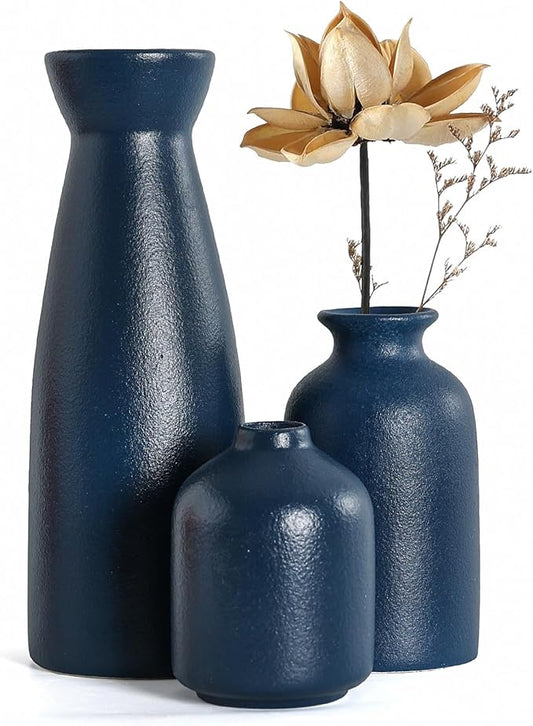 CEMABT Ceramic Blue Vases Set of 3 Small Flower Vases for Decor, Modern Rustic Farmhouse Home Decor, Decorative Vases for Pampas Grass,Idea Shelf,Table,Bookshelf,Entryway- Distressed Decor