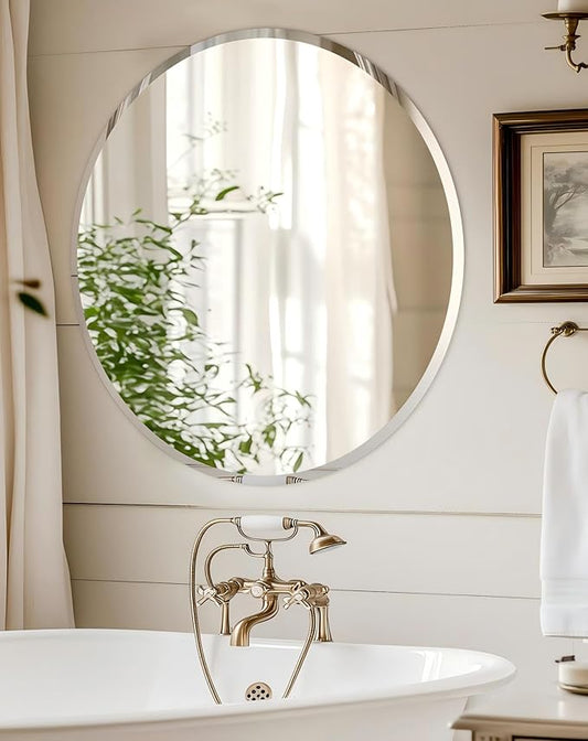 Frameless Round Wall Mirror: Decorative Mirrored Glass Vanity with Beveled Silver Edge for Bathroom Bedroom Livingroom Dining Room Entryway Hallway, 24 x 24 inch