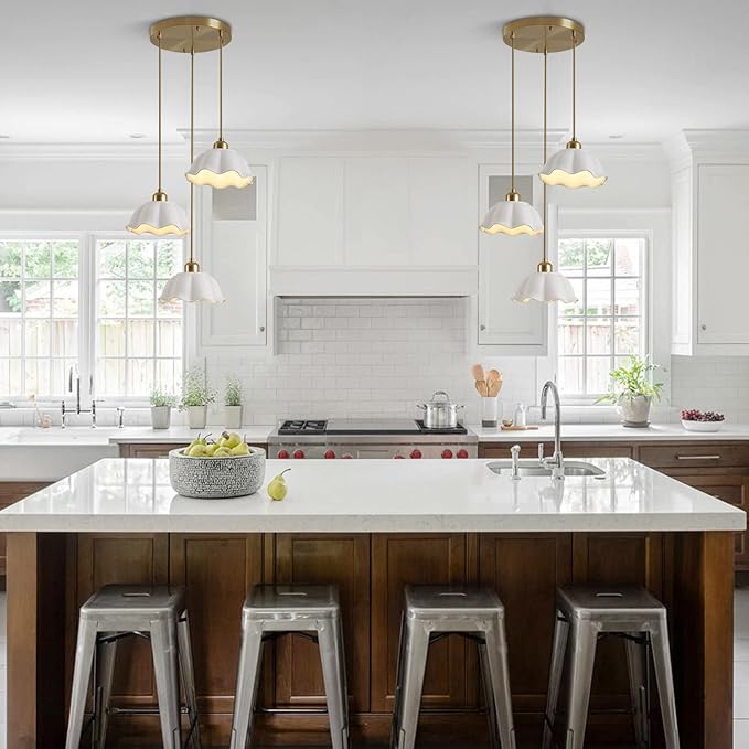 3-Light Pendant Light Modern Industrial Farmhouse Kitchen Island Light Brushed Brass Adjustable Hanging LampFixture White Ceramic Lights Fixture Nordic Glass Hanging Lamp MPL11-3R GD