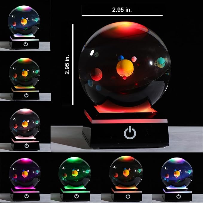 3d Solar System Model Crystal Ball 80mm 3.15inch - Outer Space Astronomy Gifts Room Decor Crystal Sphere Unique Gifts For Men Him Best Birthday Dad Physics Science Teacher Night Light Planet Lamp