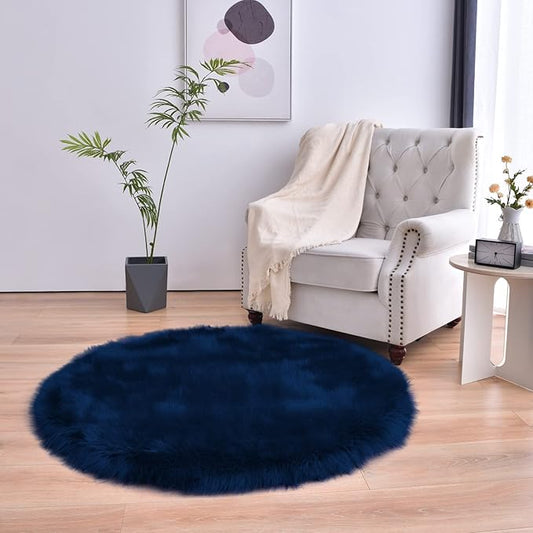 duduta Navy Blue Faux Sheepskin Round Rug 4x4 ft, Fluffy Shag Fur Bedroom Nursery Kids Playroom Rug Dorm Decor Non Slip Washable