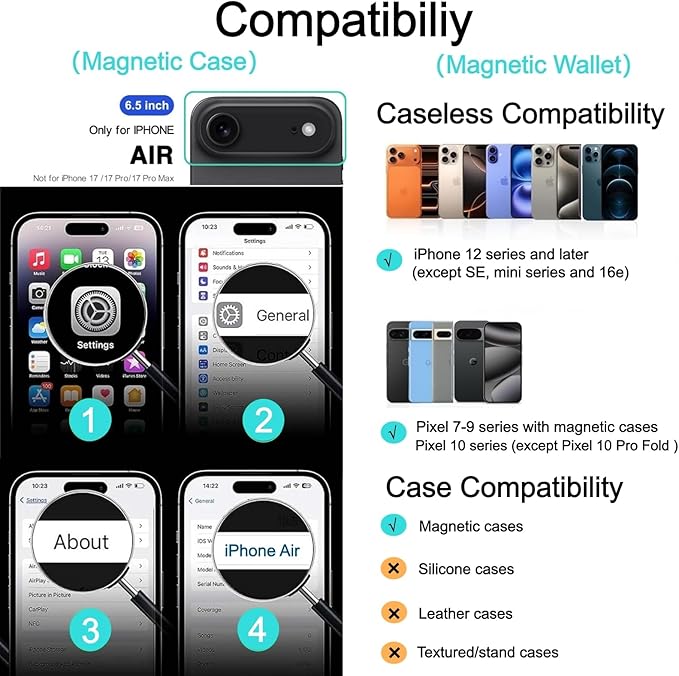 Ntwinro Magnetic for iPhone Air Case (Compatible with MagSafe) with Detachable Wallet & Card Holder for 3 Cards [RFID Blocking] Military Grade Protective Slim Phone Cover for 17 Air 2025, Black