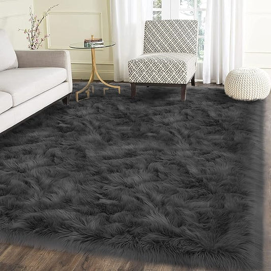 Latepis Dark Grey Rugs 6x8 Area Living Room Faux Sheepskin Fur Rug for Bedroom Washable Shag Fuzzy Furry Rug Home Décor, Rectangle