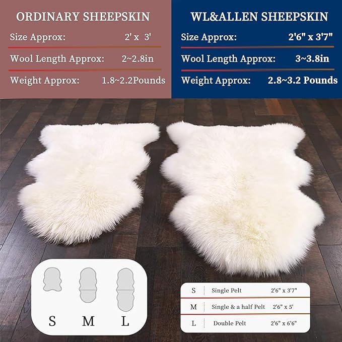 WL&ALLEN Large Sheepskin Rug Genuine Thick and Lush 3 Inch Pile，Luxury Australian Pelts |Large Sheepskin Wool Area Rugs (Single Pelt 2'6" x 3'7"，Grey)