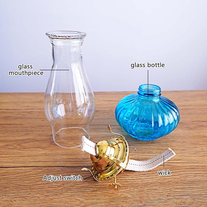 Large Oil Lamp for Indoor Use,Rustic Kerosene Lamp with 2 Pcs Wicks and 1 Tweezers,Glass Hurricane Lantern for Home Emergency Lighting (Blue)