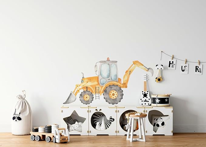 Construction Tractor Backhoe Loader Wall Decal for Boys Room, Construction Eqipment Peel Stick Removable Fabric Wall Sticker, Nursery or Playroom Decor, Repositionable (30 inch: 16" Tall x 30" Wide)