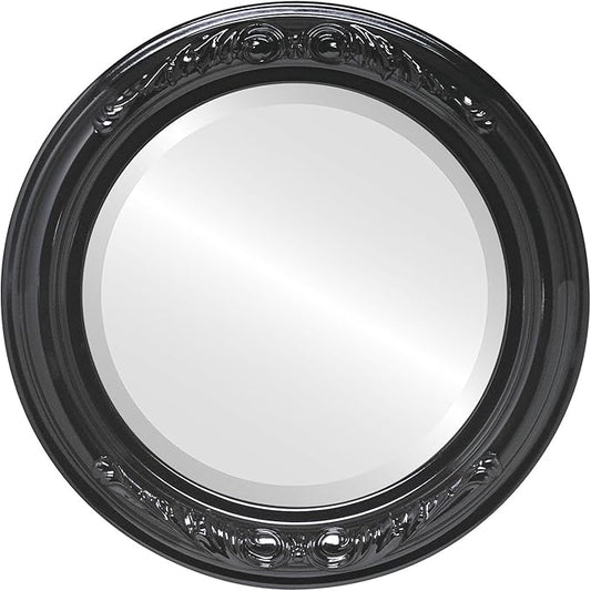 OVALCREST Round Beveled Wall Mirror for Home Decor - Florence Style - Gloss Black - 28x28 Outside Dimensions