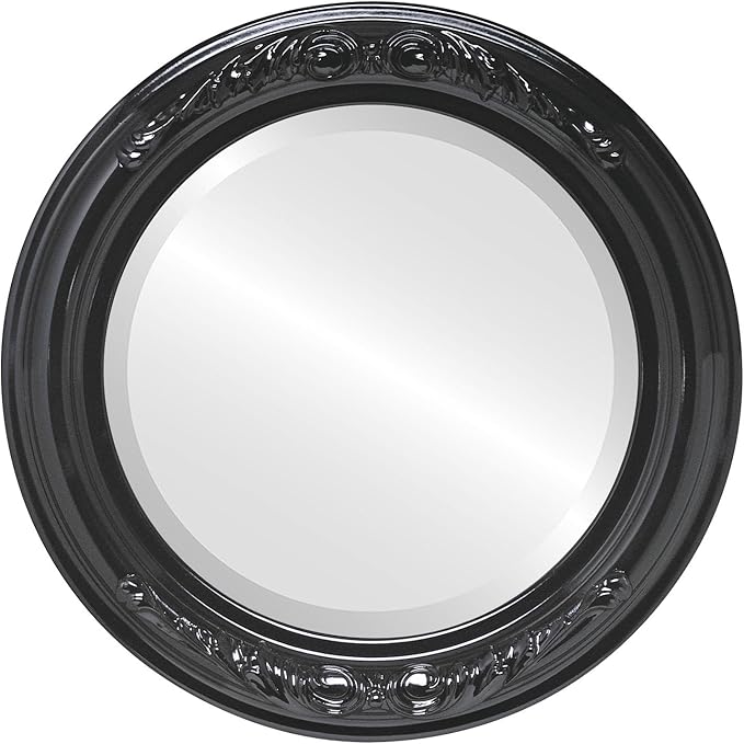 OVALCREST Round Beveled Wall Mirror for Home Decor - Florence Style - Gloss Black - 18x18 Outside Dimensions
