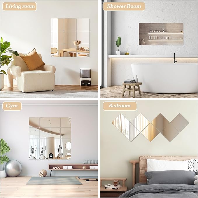 Abyssaly 4 Pack Wall Mirror Full Length, 11.8" x 11.8" Flexible Acrylic Mirror Tiles, Small Plastic Frameless Non-Glass Stick on Espejos Stickers for Bedroom Home Gym Door