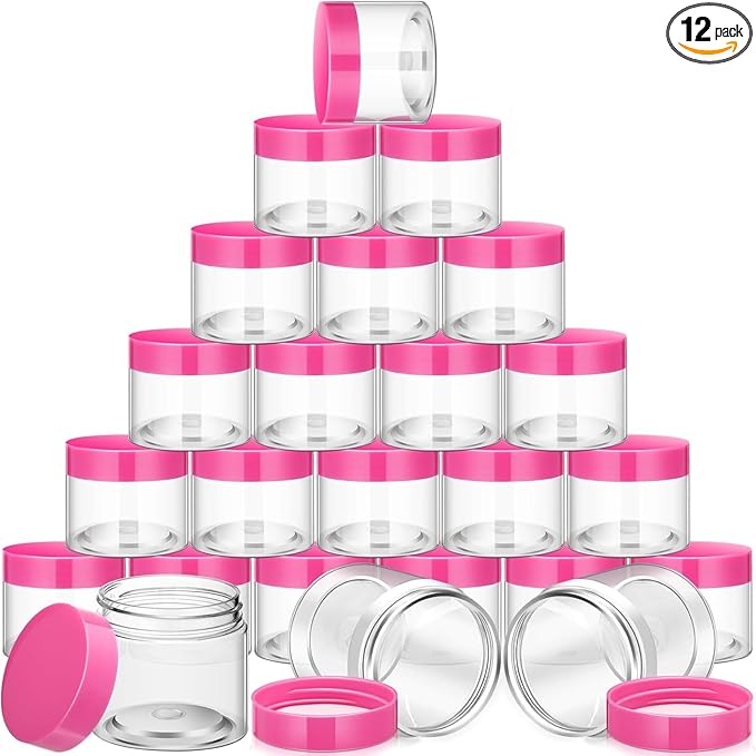 SATINIOR 12 Pack 6 oz Plastic Container Jars with Lids Round Clear Travel Cosmetic Container Slime Jars for Toiletries, Lotion, Cream, Ointments, Makeup, Rhinestone, Samples, Kitchen Storage(Pink)