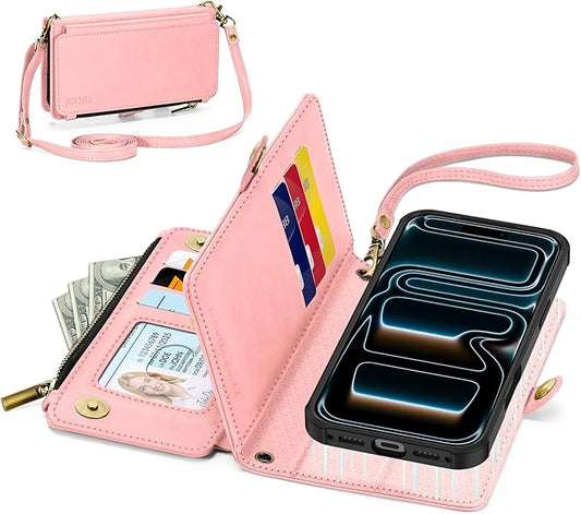 TUCCH Detachable Crossbody Wallet Case for iPhone 17 Pro 6.3", 9 Card Slots RFID Blocking | Stand | Lanyard Wrist Strap | Wireless Charging | Zipper Pocket | PU Leather Magnetic Flip Cover | Rose Gold