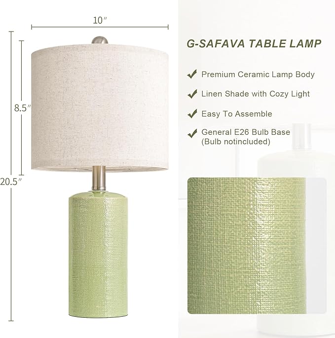 20.5" Small Table Lamps for Living Room Lamp Single Ceramic Lamps for Bedroom Bedside Lamps Modern Boho Lamps for Night Stands Farmhouse Nightstand Lamp Side End Table Lamp, Light Green