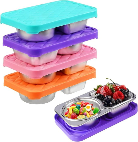 LVQVEV 4 Pack Stainless Steel Snack Containers, 2 Compartment Snack Container with Silicone Lids, Easy Open Leak Proof Reusable Metal Toddler Snack Containers for Daycare (Orange, pink, purple, blue)