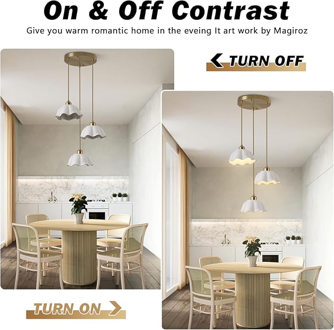 3-Light Pendant Light Modern Industrial Farmhouse Kitchen Island Light Brushed Brass Adjustable Hanging LampFixture White Ceramic Lights Fixture Nordic Glass Hanging Lamp MPL11-3R GD