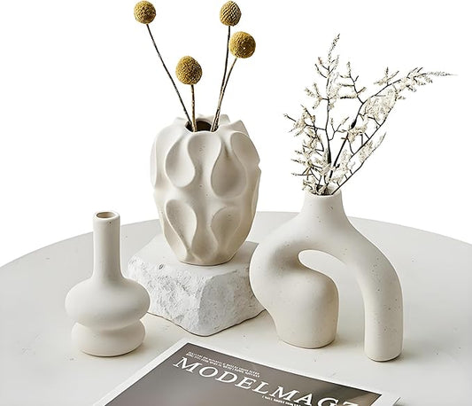 Boho Vase 3PCs | Modern Minimalist Donut Vase & Geometric Shapes | 3D Printed Imitates Ceramic Appearance | for Living Room Entryway Coffee Table Home Decor or Gift | Cream White