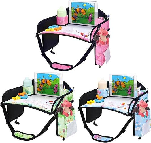 WENRENER Kids Travel Tray, 3PCS Car Seat Tray for kids Travel, Toddler Road Trip Essentials With Drawing Kit, Toddler Lap Desk Organizer for Car, Carseat Table for Airplane