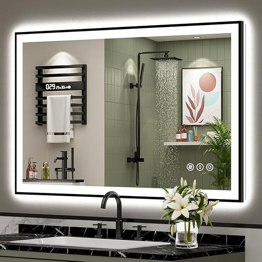 48x32 Black Framed LED Bathroom Mirror with Lights, Backlit and Front Lit Anti-Fog Lighted Vanity Mirror for Bathroom Wall, 3 Colors, Dimmable, Memory, Shatter-Proof, HD Tempered Glass