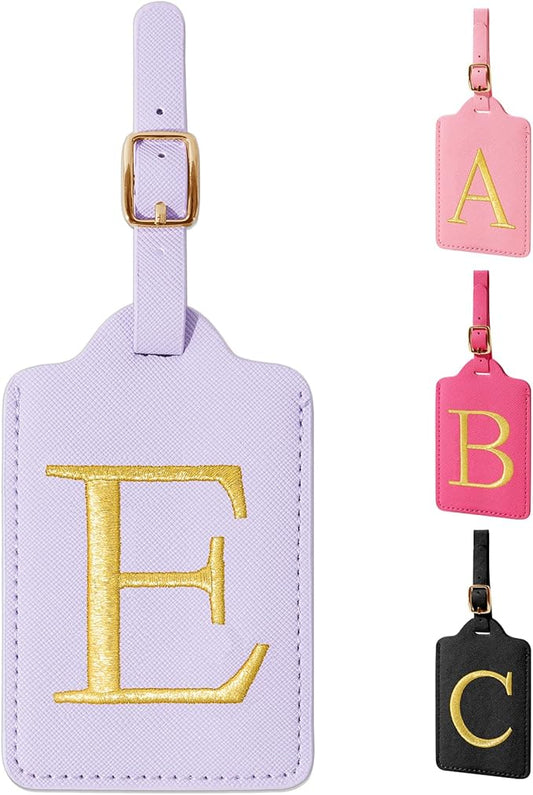 Personalized Initial Luggage Tags for Suitcase, Purple Leather Cute Luggage Tags with Privacy Cover Name Card, Embroidered Custom Monogrammed Luggage Tag Travel Backpack Tags Gifts for Women Kids(E)