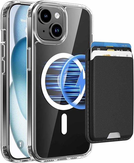 Magnetic for iPhone 14 Plus & iPhone 15 Plus Clear Case (Compatible with MagSafe) with Black Detachable Wallet & Card Holder for 3 Cards [RFID Blocking] Military Grade Protective Slim Phone Cover