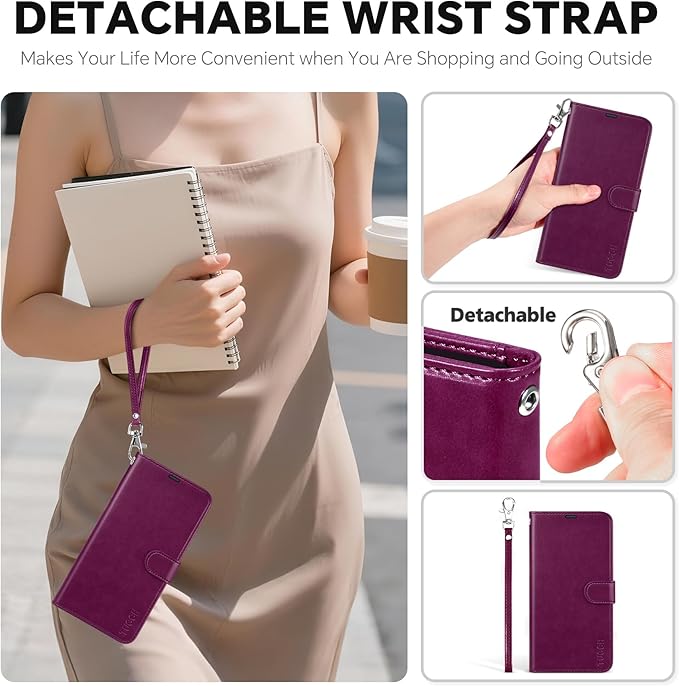 TUCCH Detachable Case Wallet for iPhone 17 Pro Max (6.9") 2025, Wrist Strap | 4 Card Slots RFID Blocking | Wireless Charging | Stand | 2-in-1 Magnetic | PU Leather | Shockproof Cover | Plum Purple