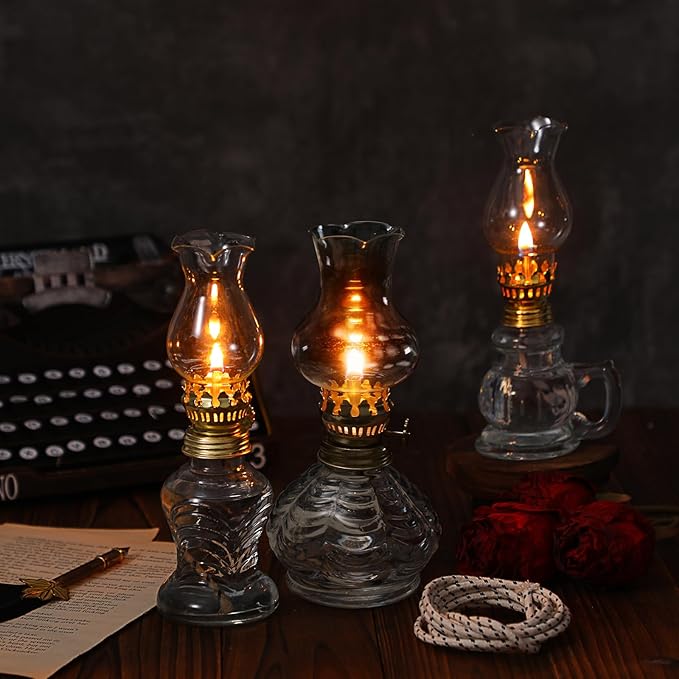 Yexiya 6 Pcs Chamber Oil Lamps Oil Lamp Vintage Glass Kerosene Lamp Bulk with Adjustable Fire Wick Rustic Clear Hurricane with 6.6 ft Extra Wick for Indoor Use Home Decor 8 Inch (Simple)