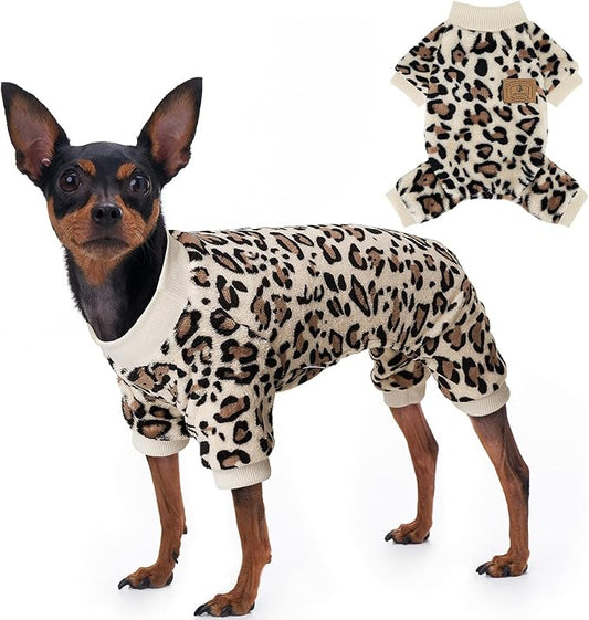 XPUDAC Fleece Dog Pajamas Leopard Dog Sweaters Winter Puppy Clothes for Small Medium Dogs Boy Girl Pet Jumpsuits Doggie Outfits for Christmas