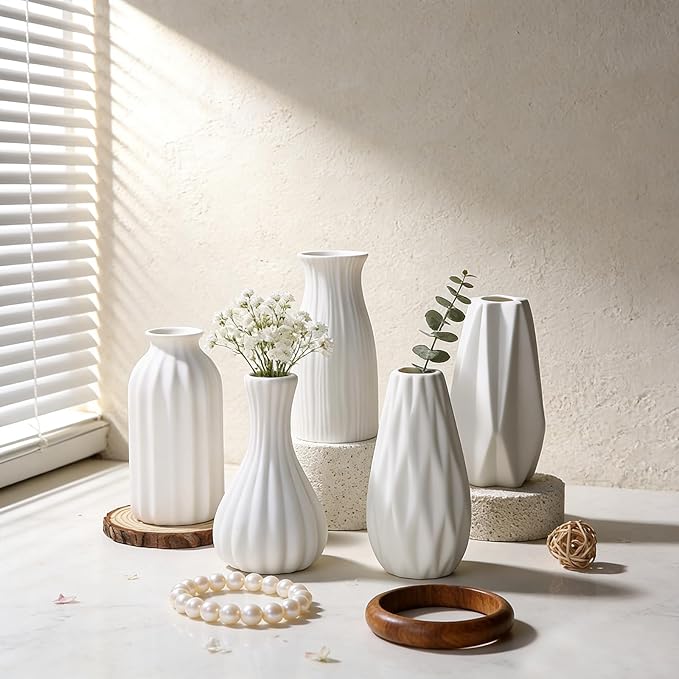 BEAHOT Ceramic Bud Vases Set of 16 - Matte White Mini Ceramic Bud Vases Collection: Non-Repeating Modern Boho Centerpiece - Small Unglazed Jars for for Weddings, Home, Shelf Decor