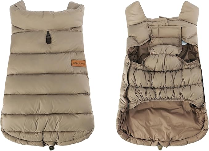 SPACE LION Dog Puffer Jacket, Down Winter Coat, Durable Outdoor Coat for Cold and Windy Conditions, Lightweight & Adjustable Fit Coats for Small & Medium Dogs, (Khaki, Size12/M)