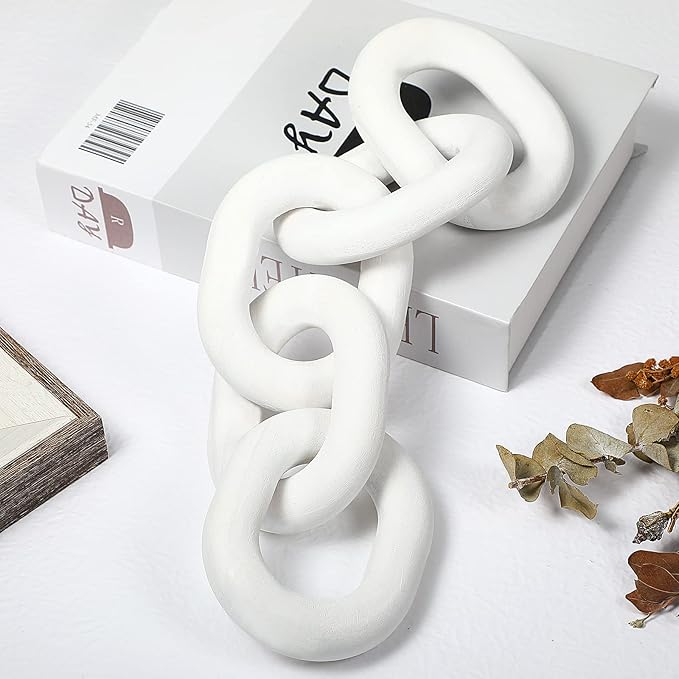 Queekay Decorative Wood Chain Link Decor Rustic Wooden 5 Link Wooden Chain Decor Ornament Farmhouse Home Decoration Hand Carved Wood Crafts Ornaments for Coffee Table(White)