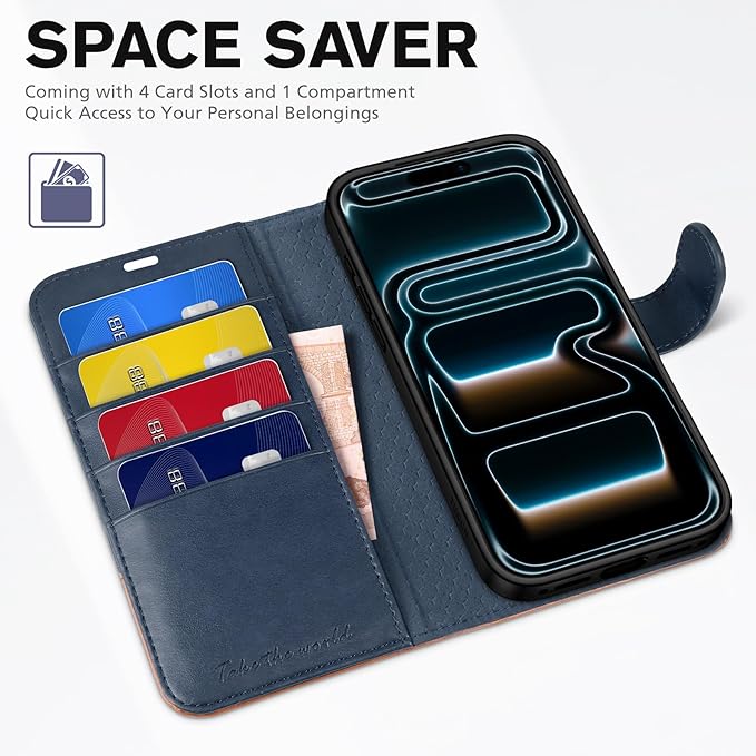 TUCCH Wallet Case for iPhone 17 Pro Max (6.9") 2025, 4 Card Holders, RFID Blocking, Stand, Shockproof TPU Shell, PU Leather, Magnetic Closure, Protective Flip Folio Cover, Blue & Brown