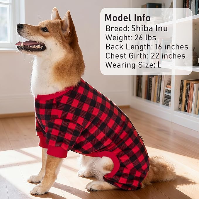 KYEESE Dog Pajamas Soft Dog Pajamas for Small Dogs Comfy Pet Costume Warm 4 Legs Pet Jammies Velvet Pets Onesie Stretchy Dogs Clothes Red Buffalo Check Pet Pjs,M