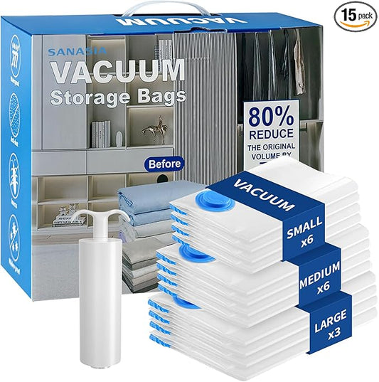 Vacuum Seal Bags for Clothing Travel with Pump,15 Pack Compression Packing Cubes for clothes,Space Saver Vacuum Storage Bags for Luggage & Travel Essentials,Carry-on Suitcase,Leak-Proof