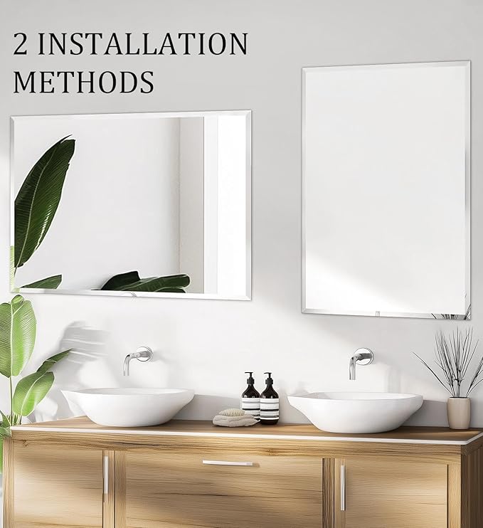 Frameless Rectangular Wall Mirror: Decorative Rectangle Mirrored Glass Vanity with Beveled Silver Edge for Bathroom Bedroom Livingroom Dining Room Entryway Hallway, 32 x 24 inch