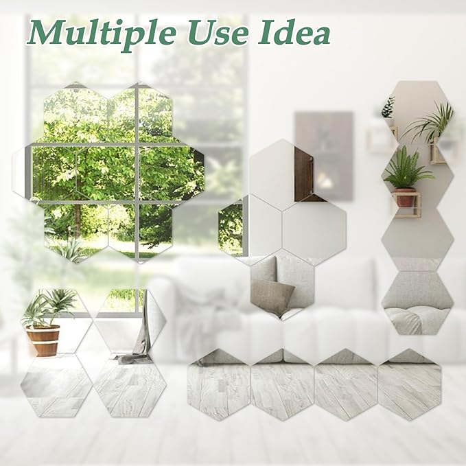 Abyssaly 10 Pack Acrylic Mirror Stickers 11.8" x 11.8", 3D Hexagon Flexible Plastic Mirror Tiles for Wall, Frameless Non-Glass Full Length Stick on Espejos Wall Tile Sheets for Bedroom Home Gym Door